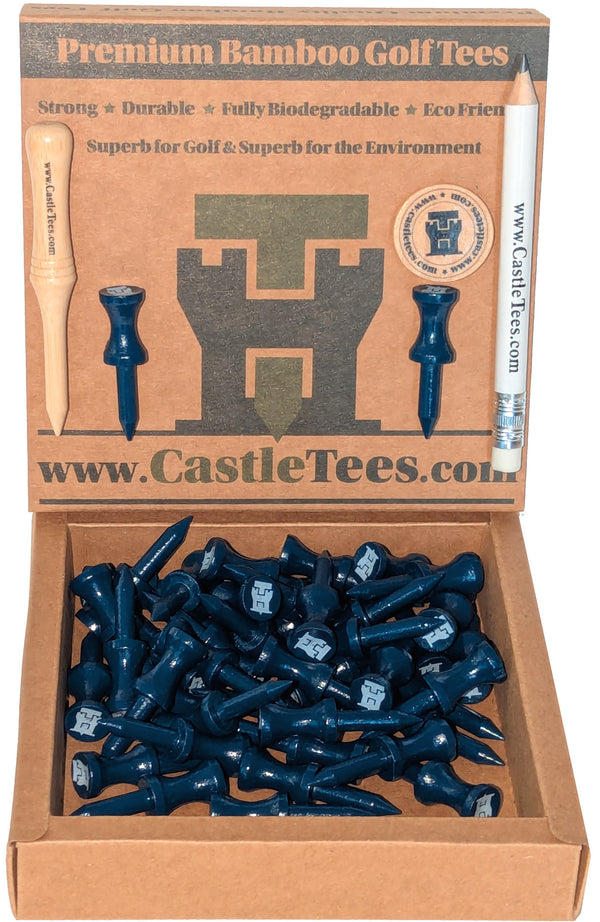 Blue Castle Tees – 40 x 38mm 1 ½ inch Blue Premium Bamboo Golf Tees in a Biodegradable Kraft Box