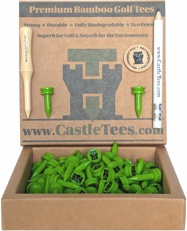 Green Castle Tees – 40 x 25mm 1 inch Green Premium Bamboo Golf Tees in a Biodegradable Kraft Box
