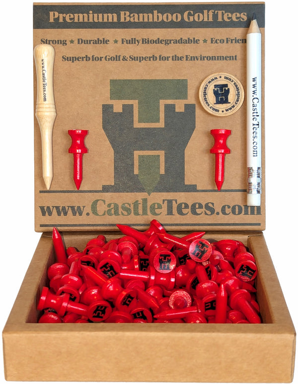 Red Castle Tees – 40 x 32mm 1 ¼ inch Red Premium Bamboo Golf Tees in a Biodegradable Kraft Box
